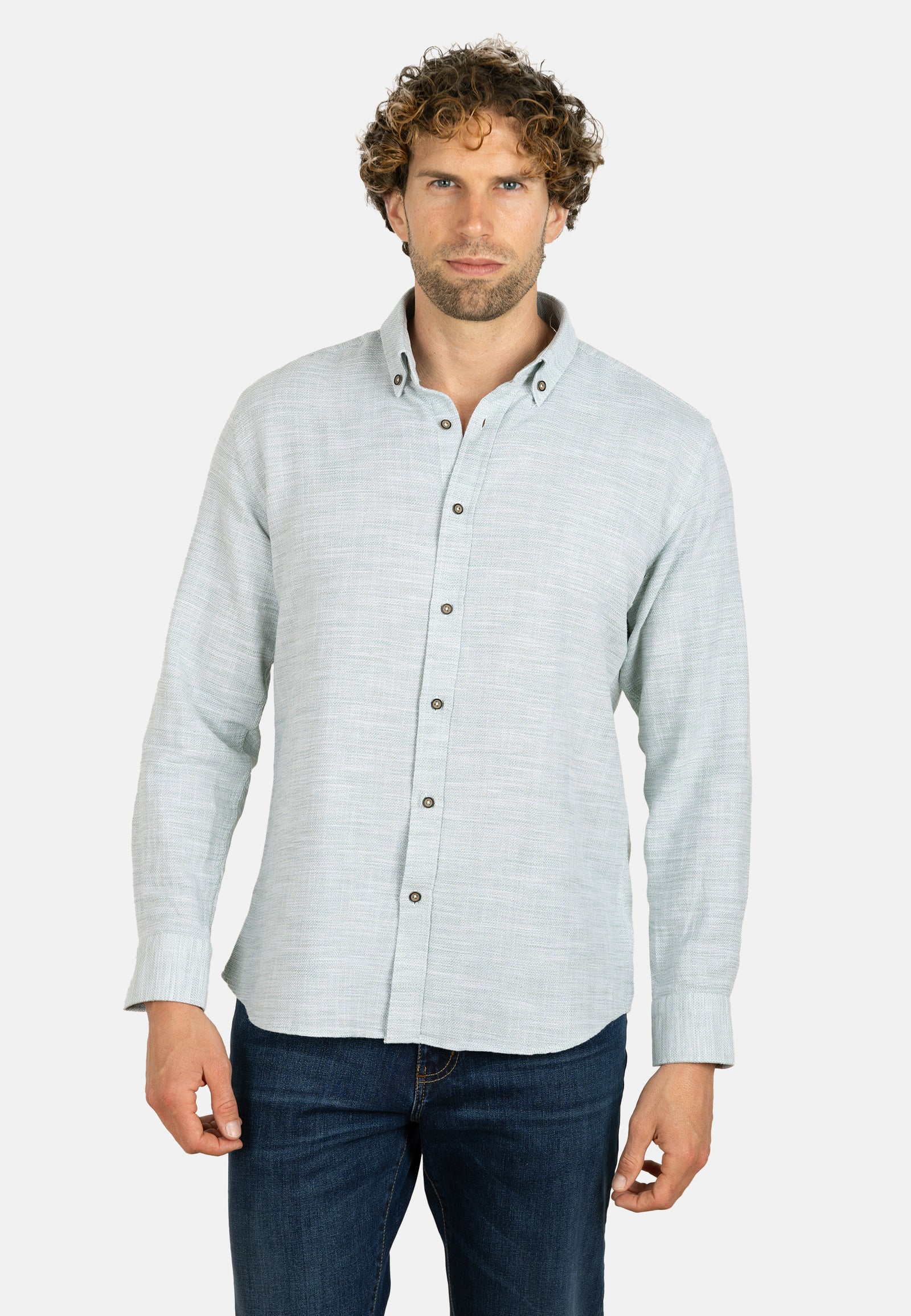 Camisa verde de algodón rústico con cuello con botones