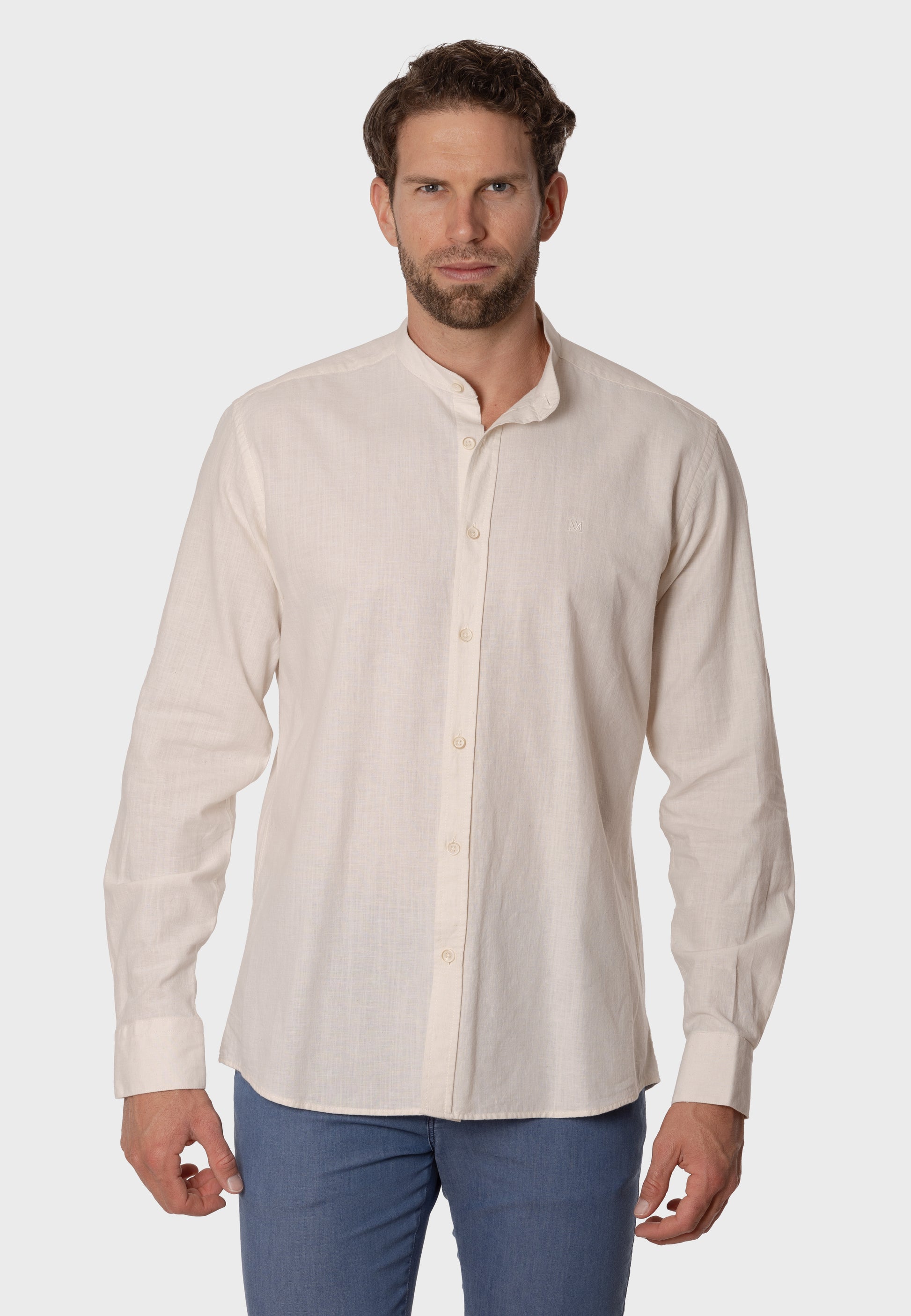 Camisa de Lino Almendro Cuello Mao Beige