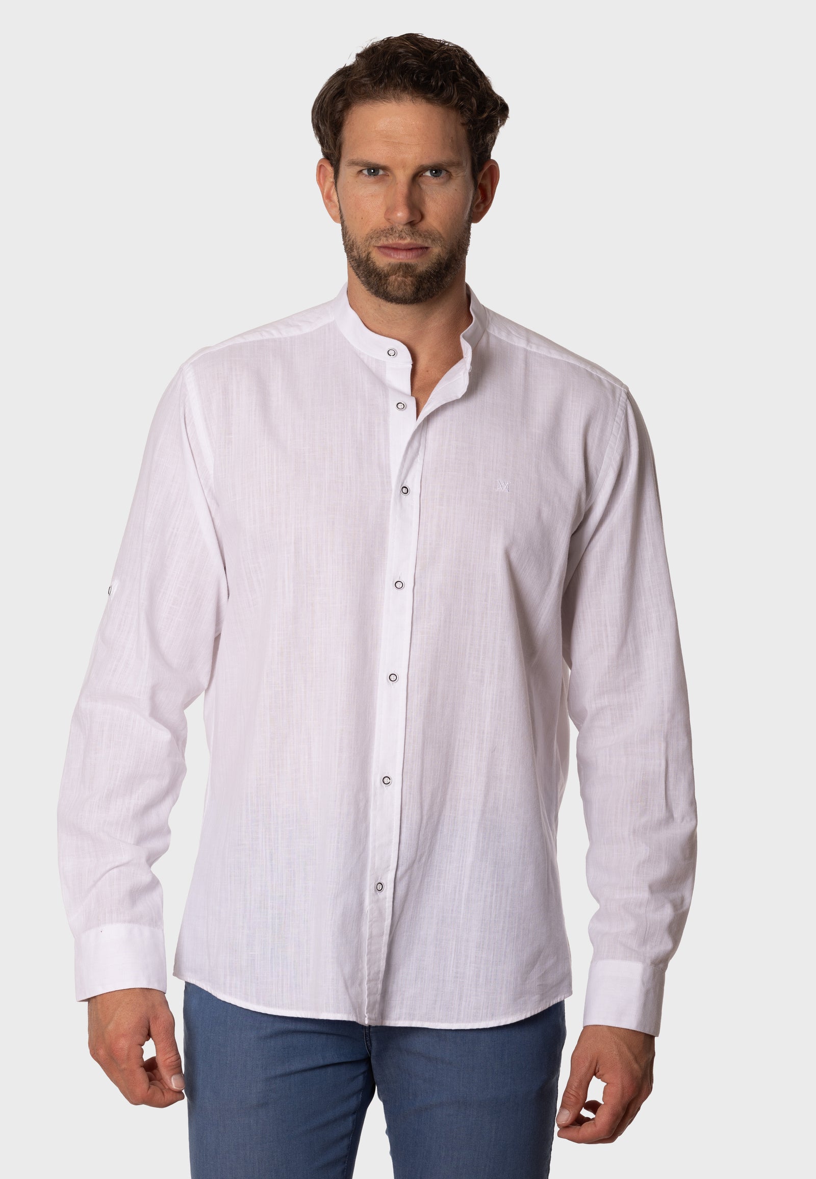 Camisa de Lino Almendro Cuello Mao Blanco