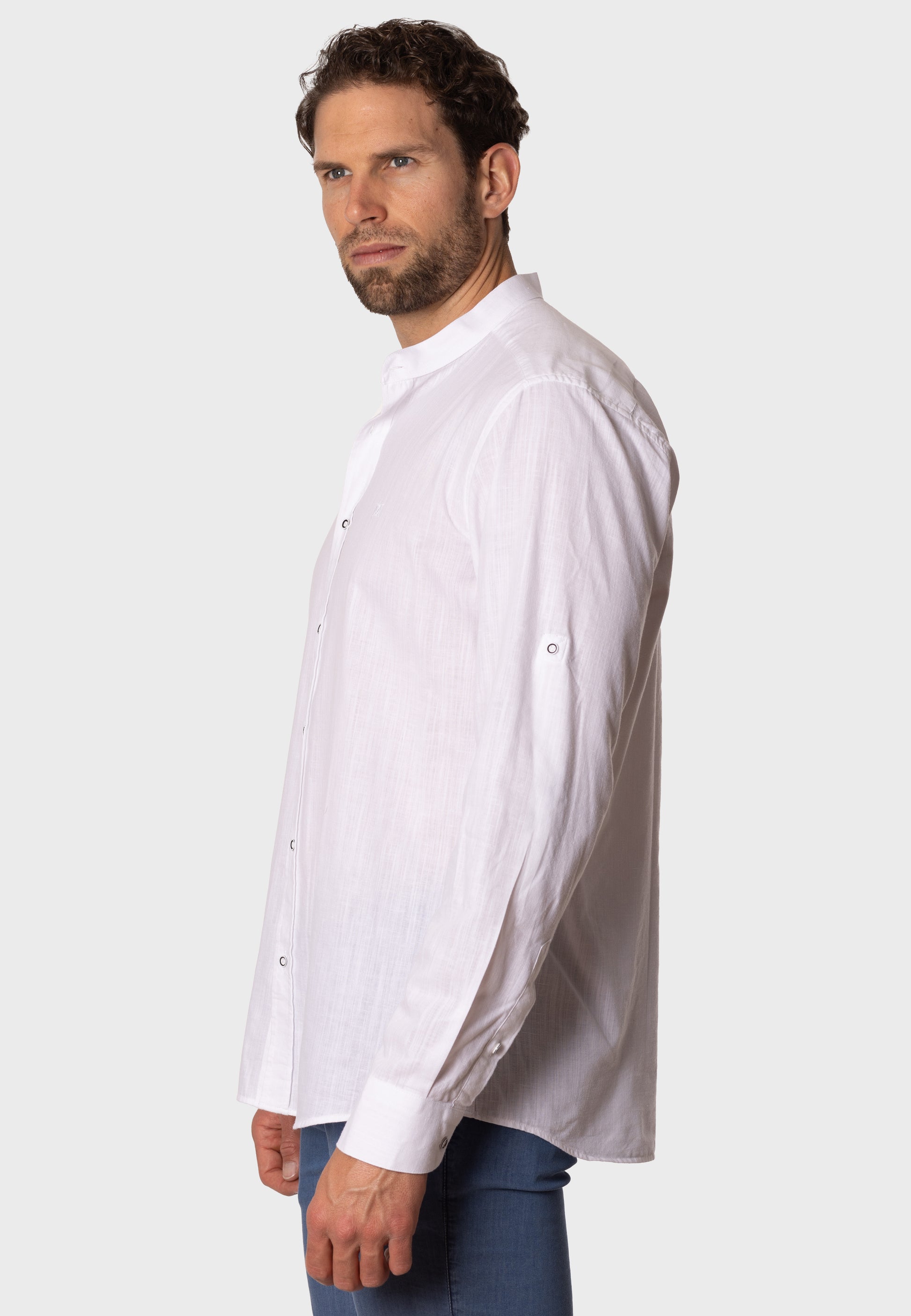 Camisa de Lino Almendro Cuello Mao Blanco