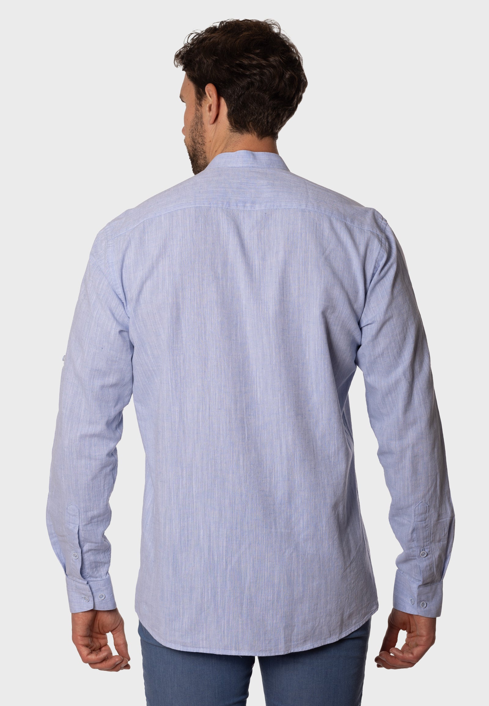 Camisa de Lino Almendro Cuello Mao Celeste