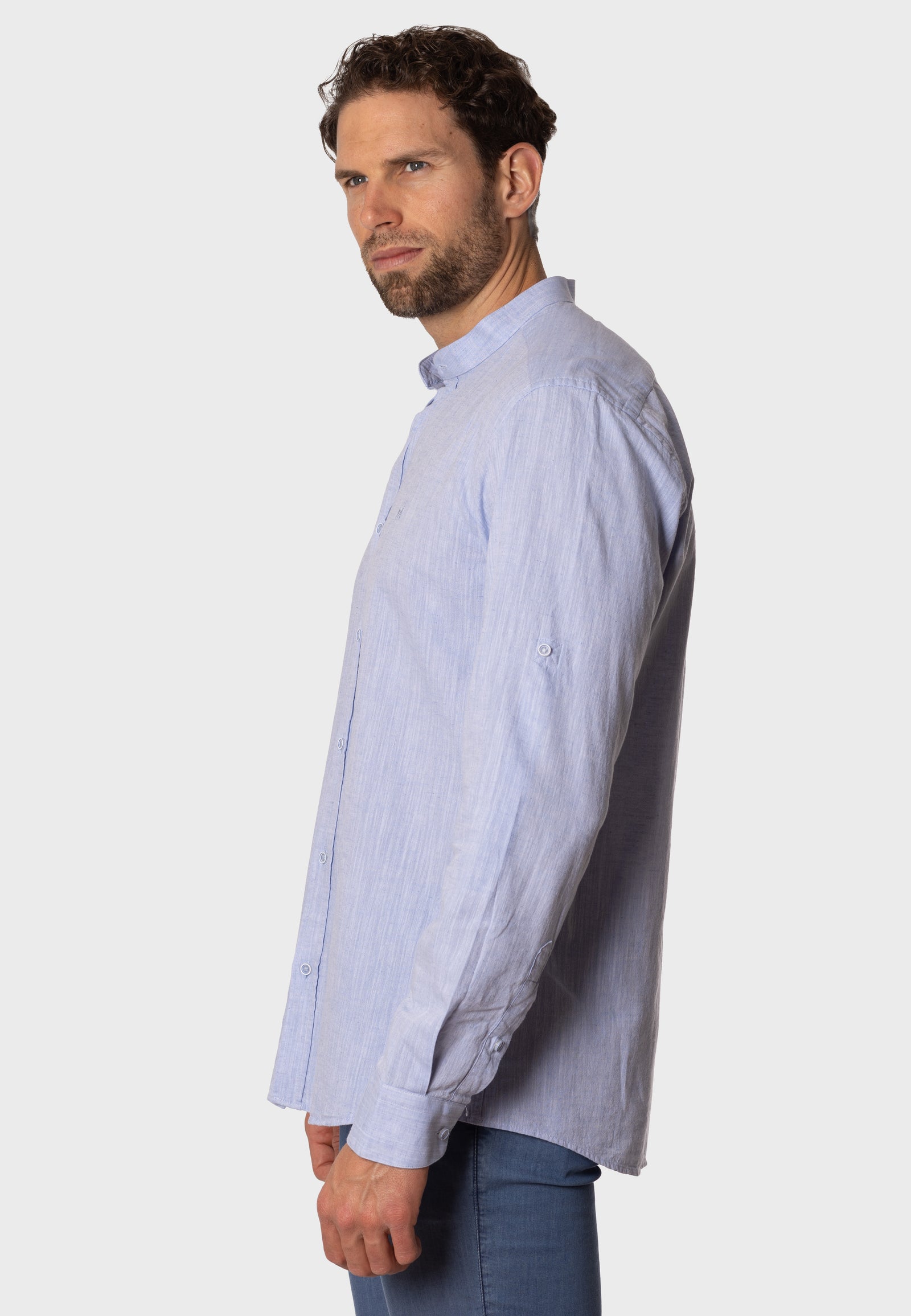 Camisa de Lino Almendro Cuello Mao Celeste