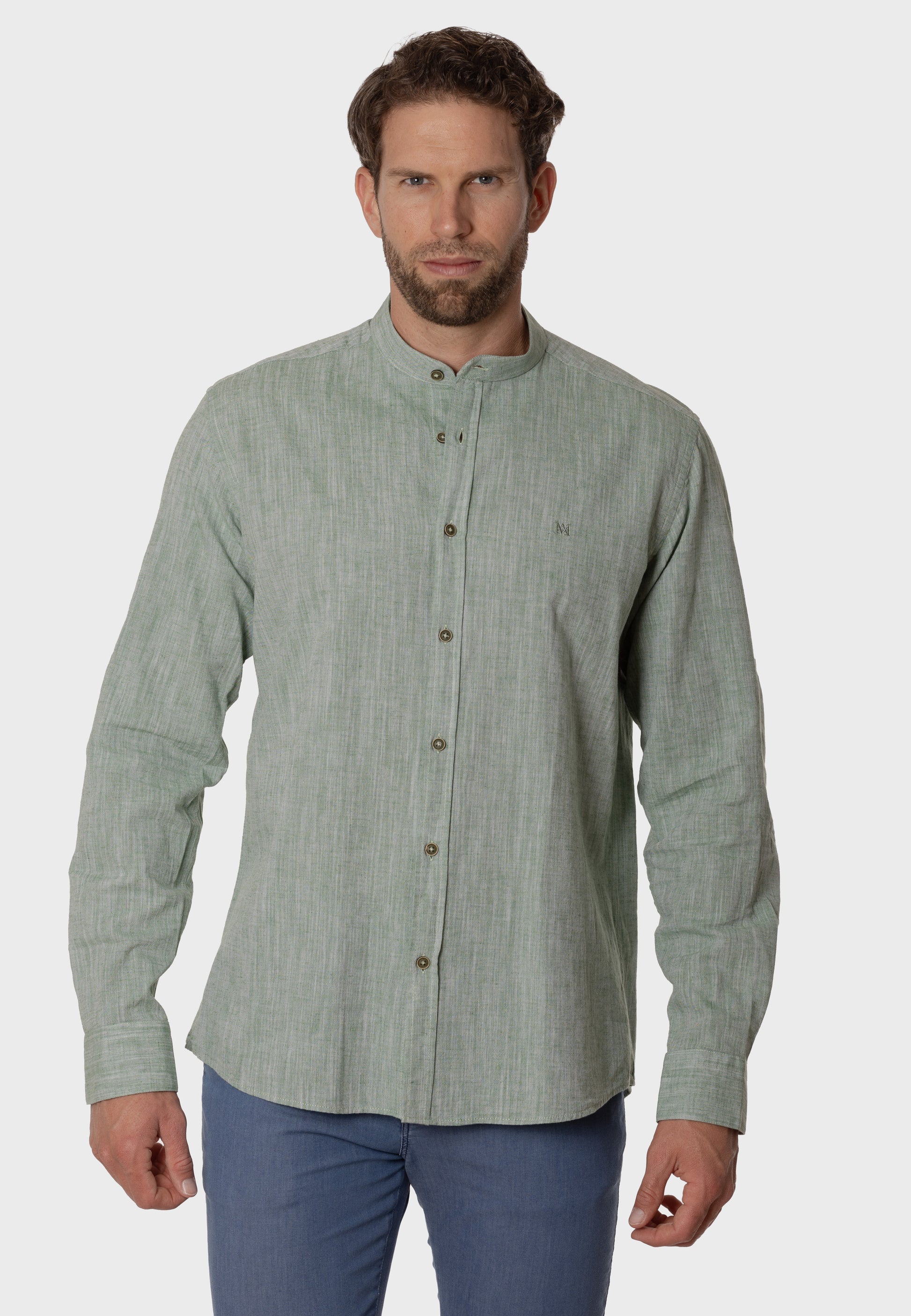 Camisa de Lino Almendro Cuello Mao Verde