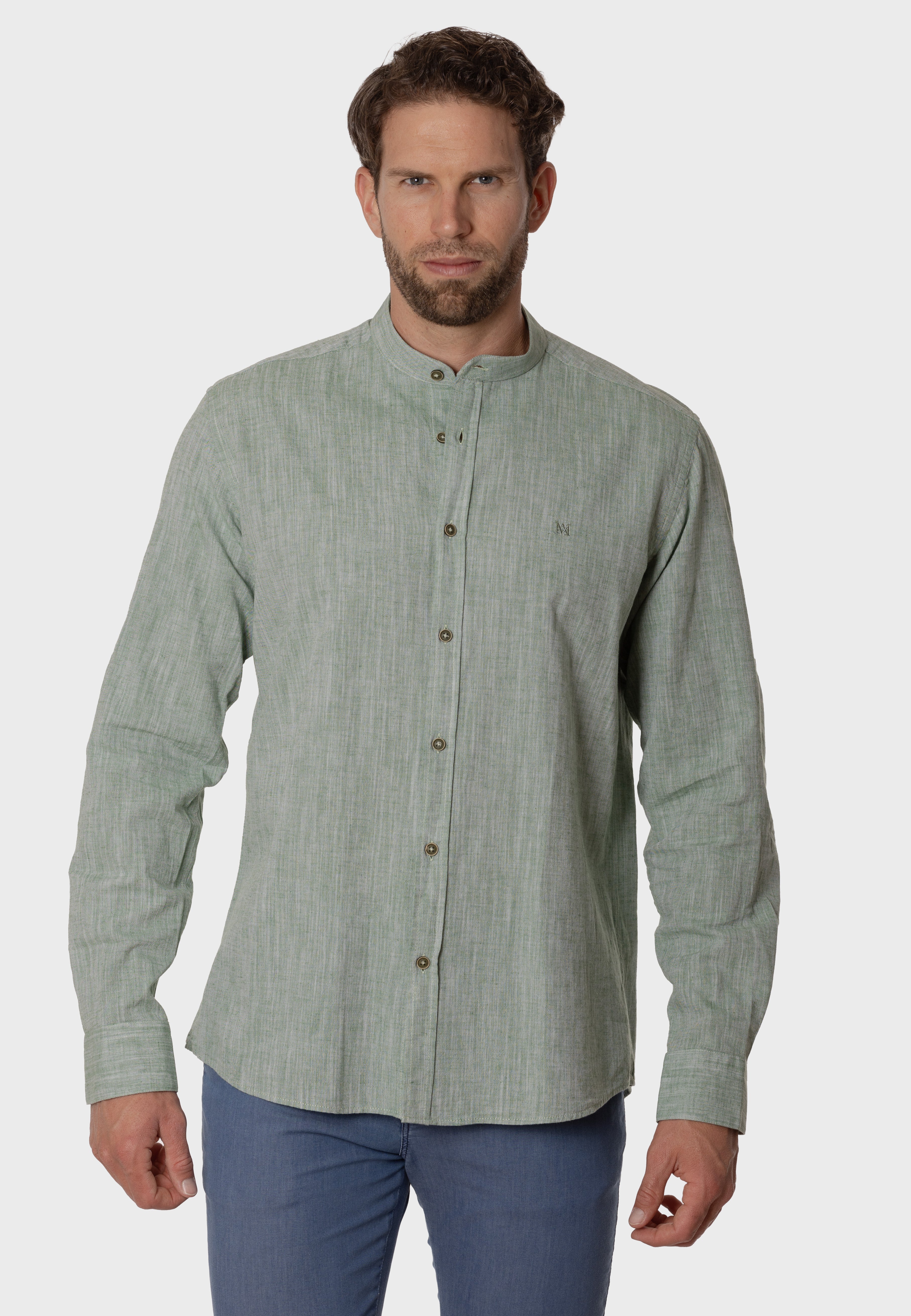 Camisa de Lino Almendro Cuello Mao Verde