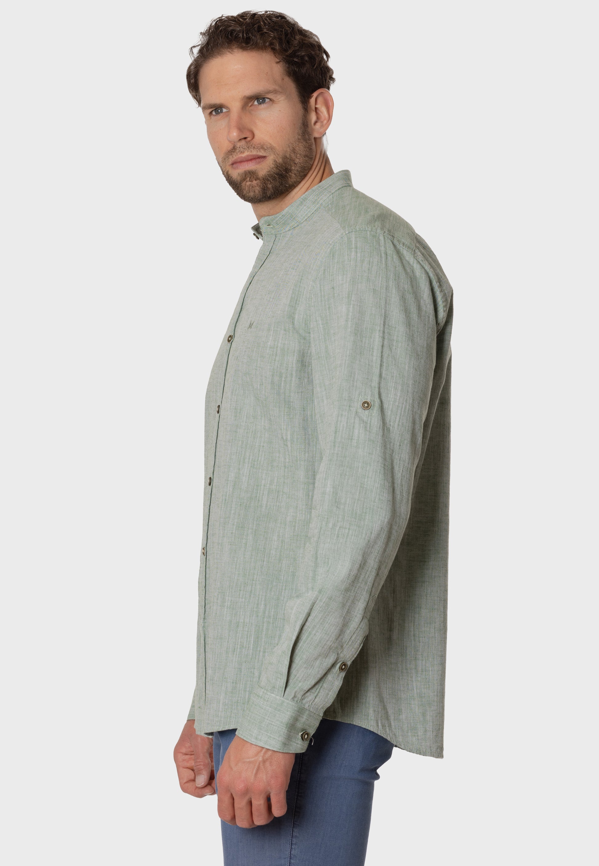 Camisa de Lino Almendro Cuello Mao Verde