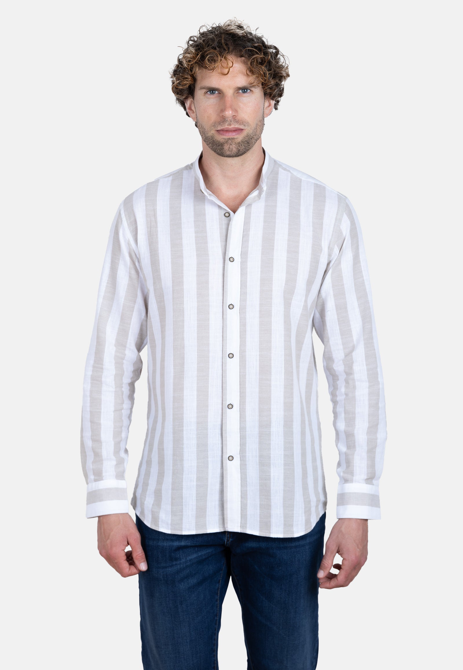 Camisa de lino con rayas anchas blanco y beige