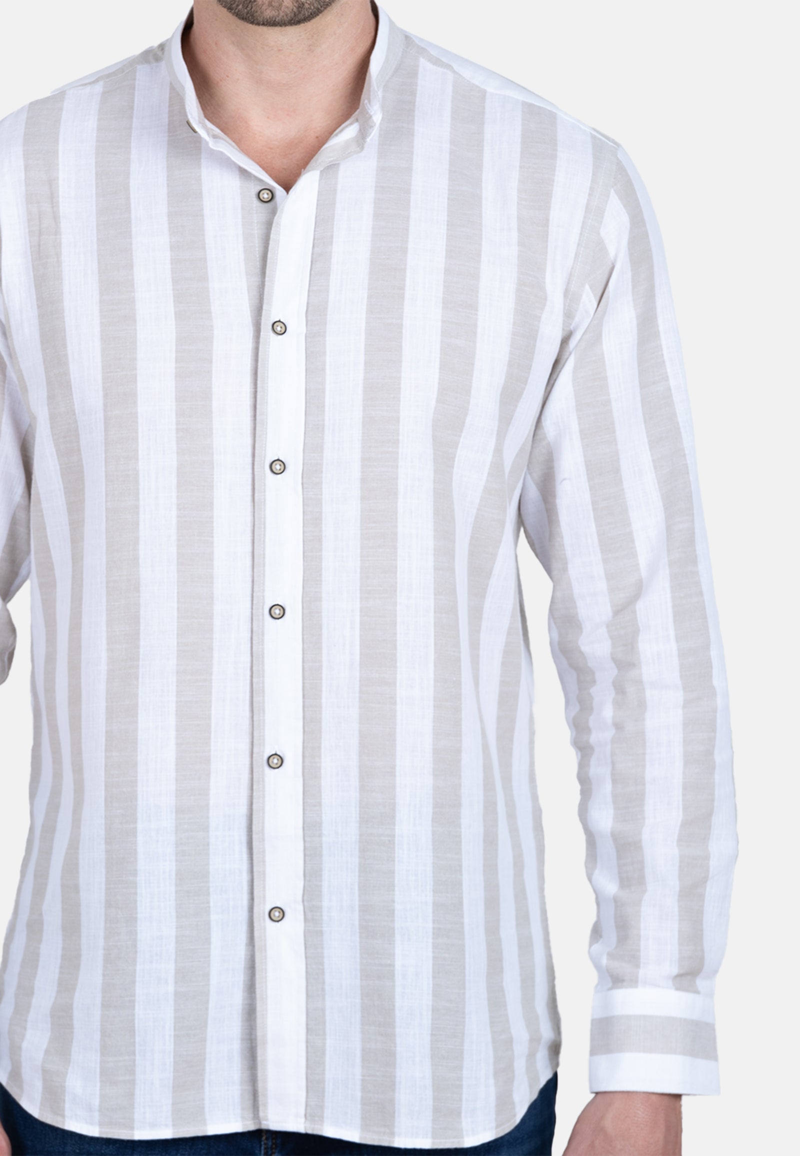 Camisa de lino con rayas anchas blanco y beige