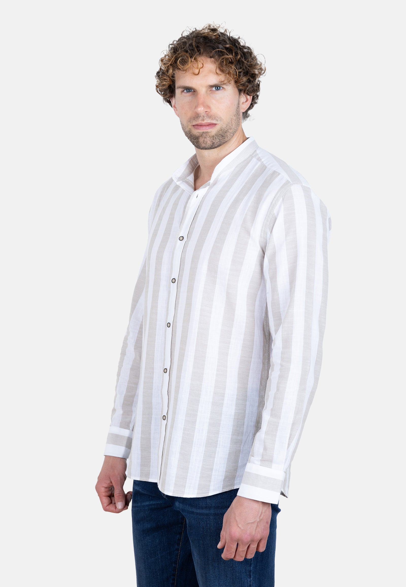 Camisa de lino con rayas anchas blanco y beige
