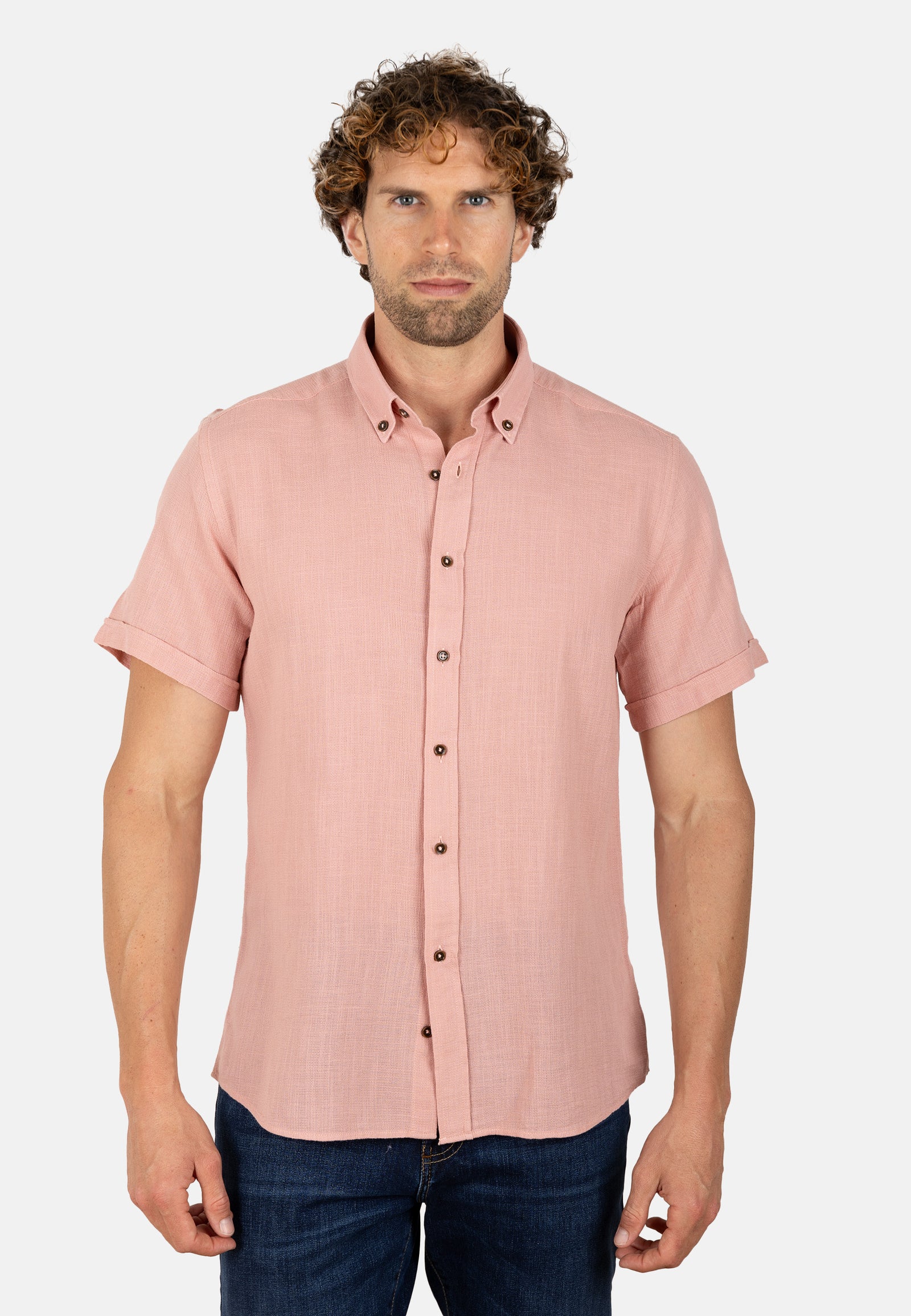 Camisa rosa de algodón rústico manga corta con cuello abotonado