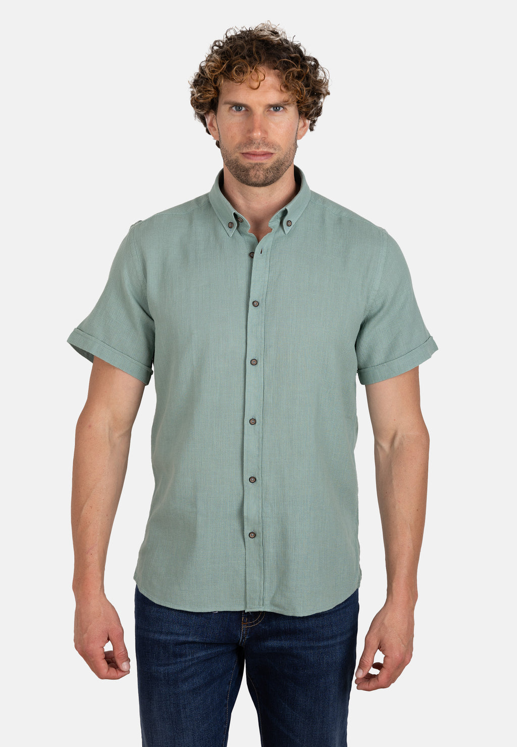 Camisa verde de algodón rústico manga corta con cuello abotonado