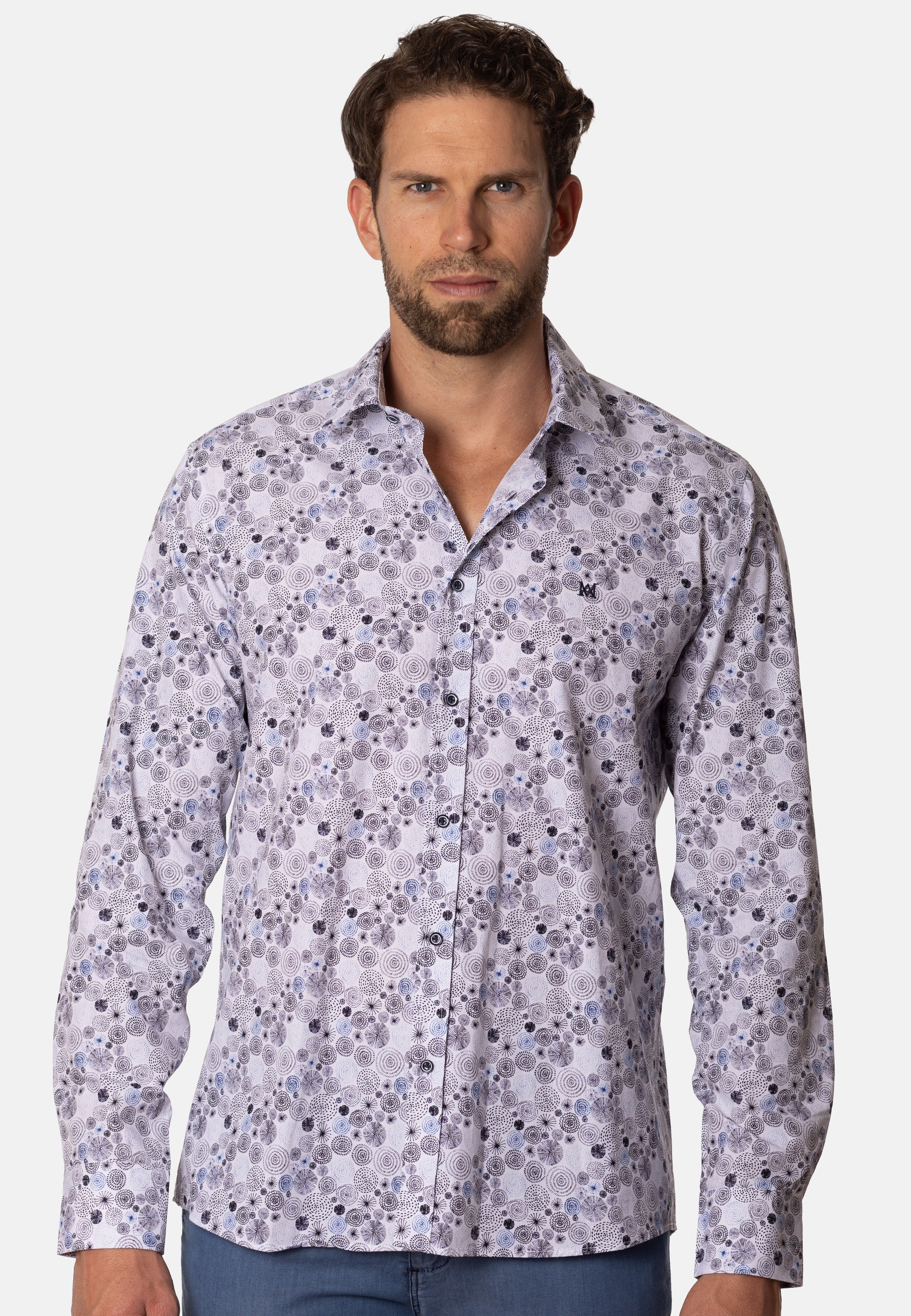 Camisa estampada de flores y espirales azul