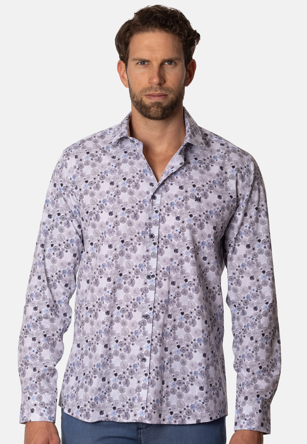 Camisa estampada blanca slim fit de algodón para hombre