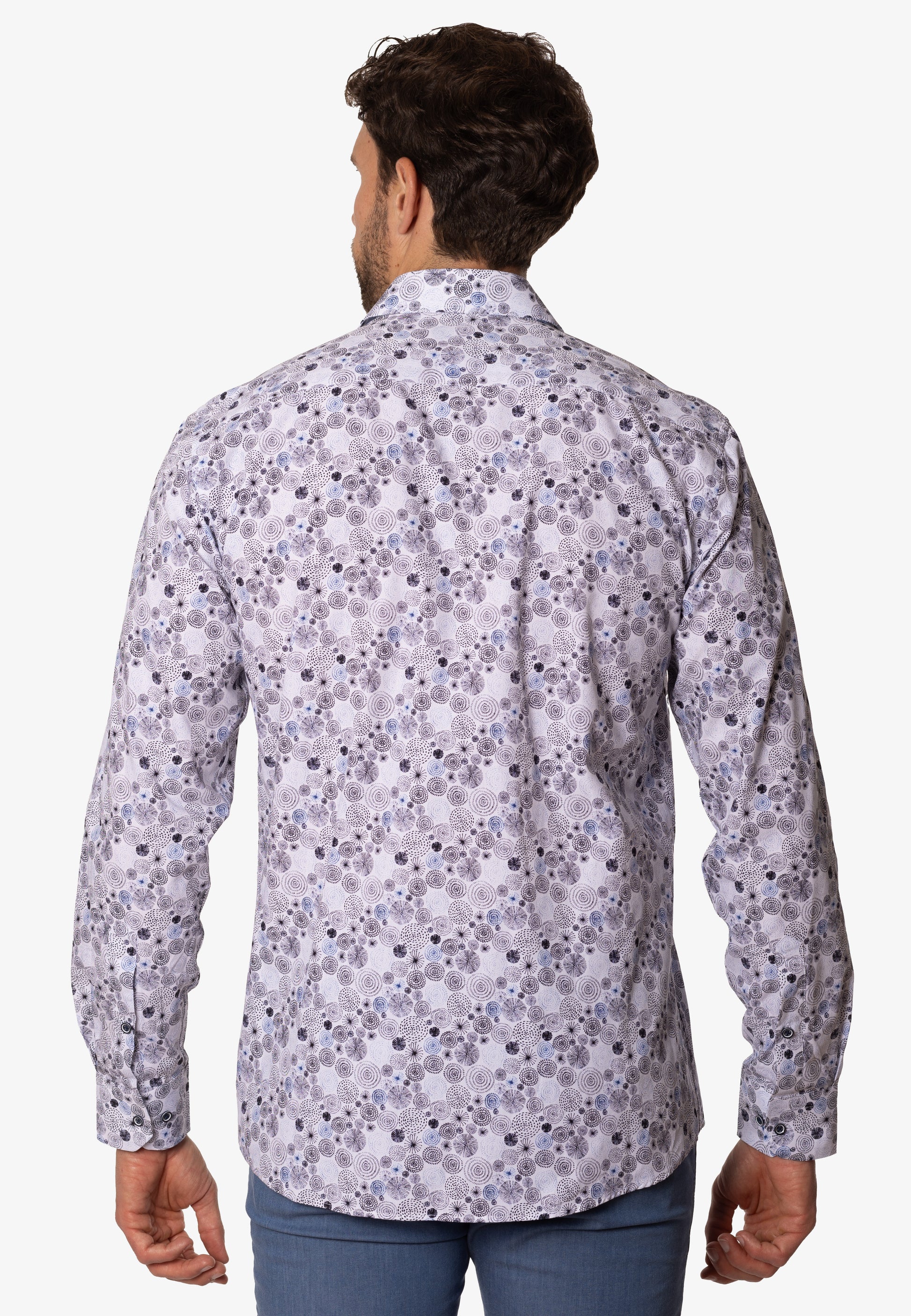 Camisa estampada de flores y espirales azul