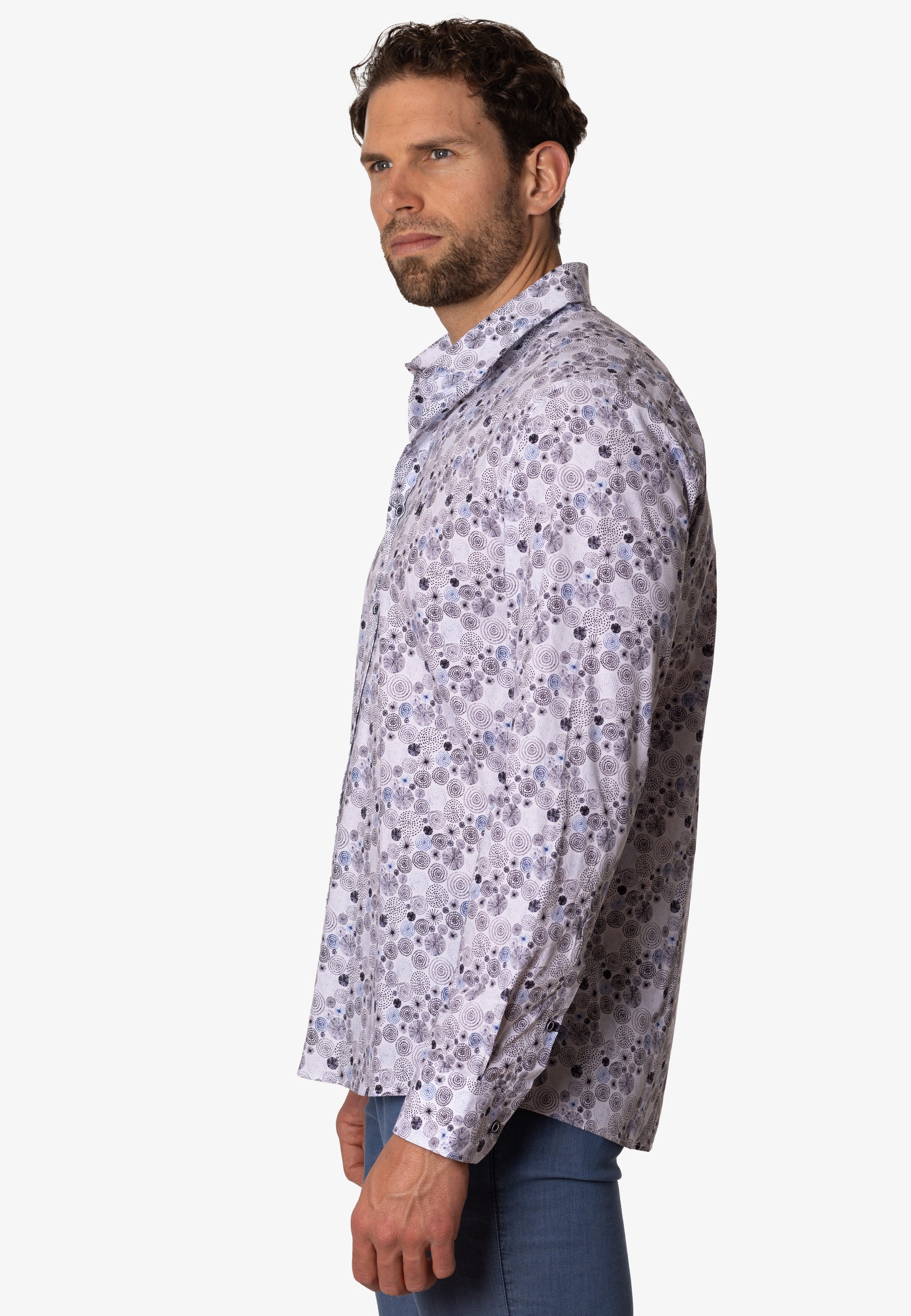 Camisa estampada de flores y espirales azul