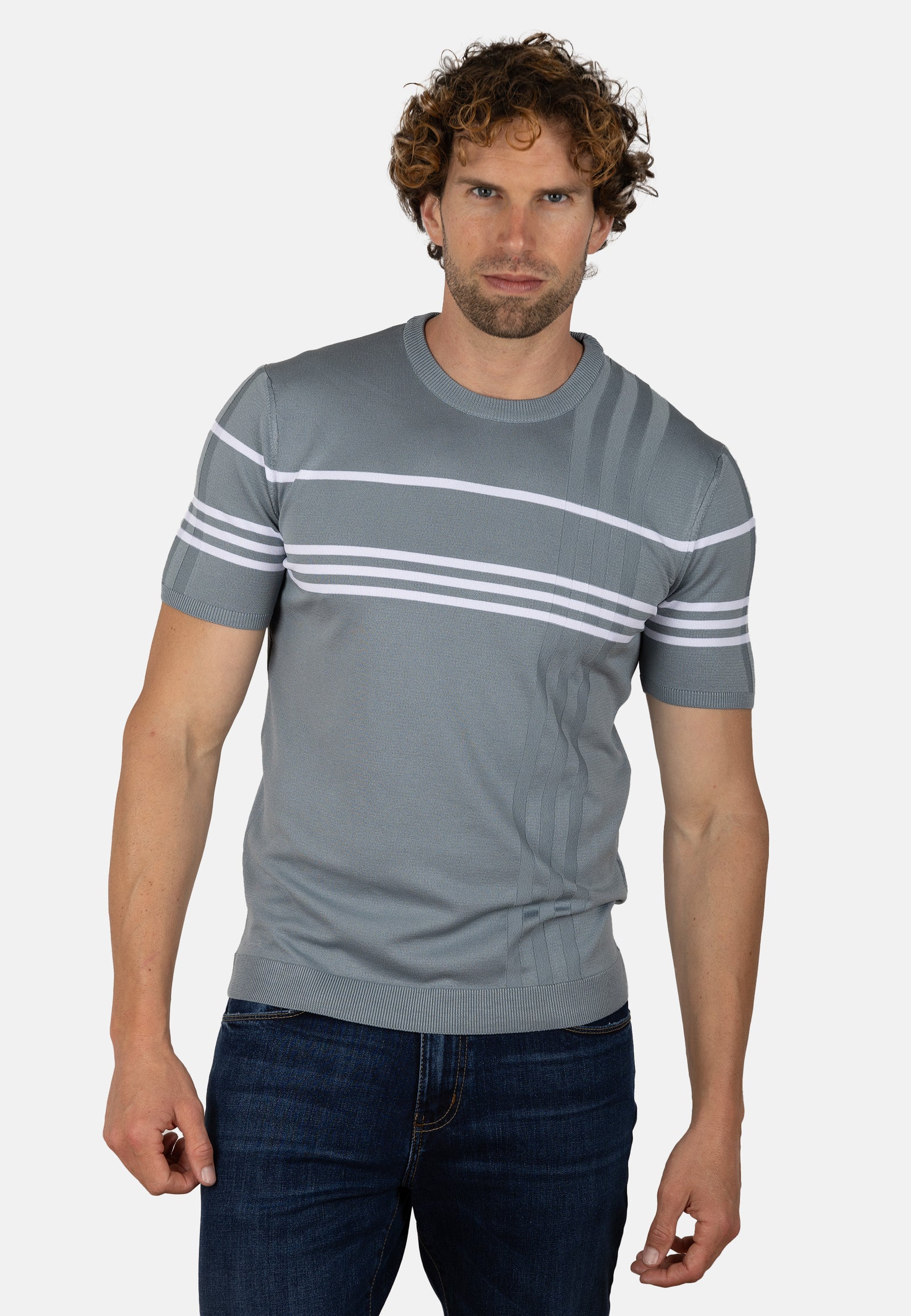 Camiseta de punto slim fit gris azulado con líneas en contraste