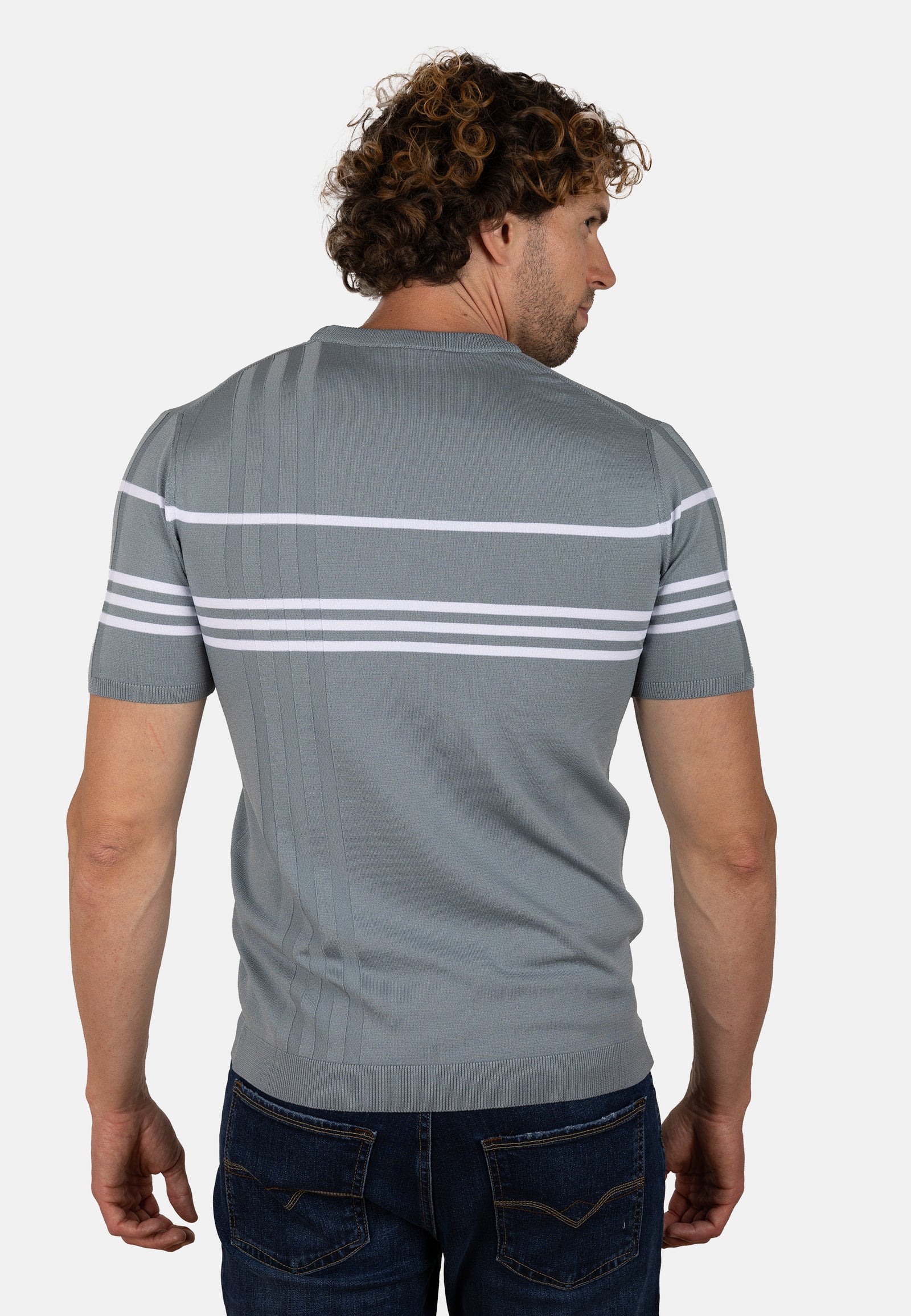 Camiseta de punto slim fit gris azulado con líneas en contraste