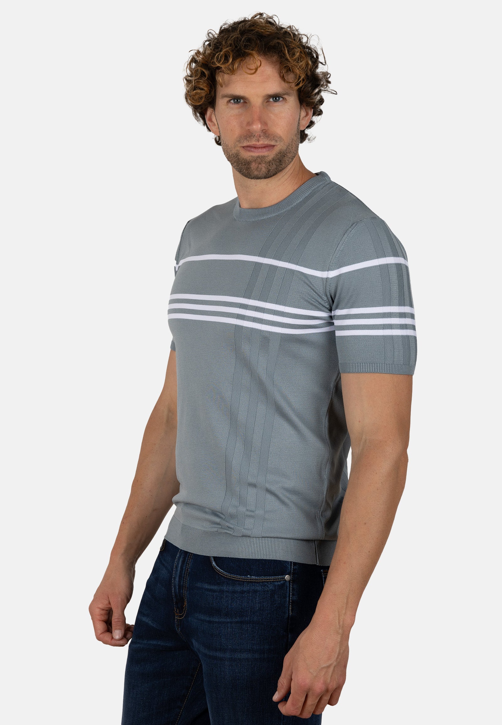 Camiseta de punto slim fit gris azulado con líneas en contraste