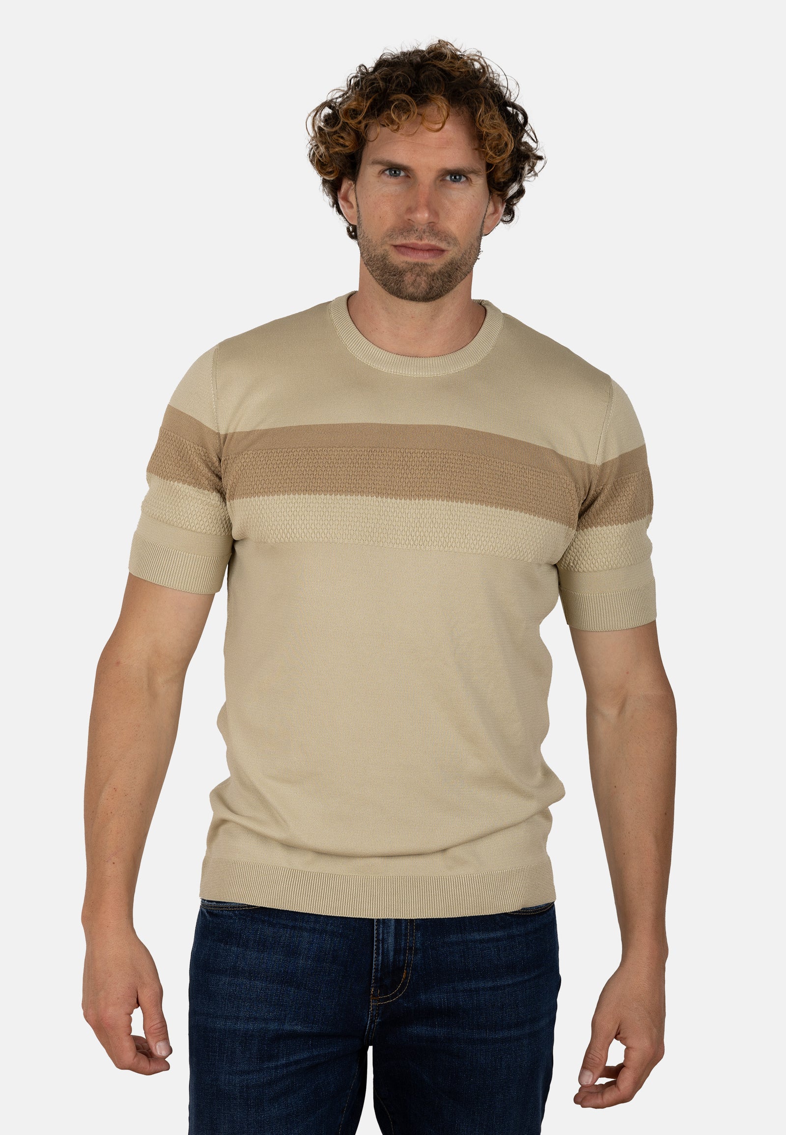 Camiseta slim de punto elástico beige con franja en contraste