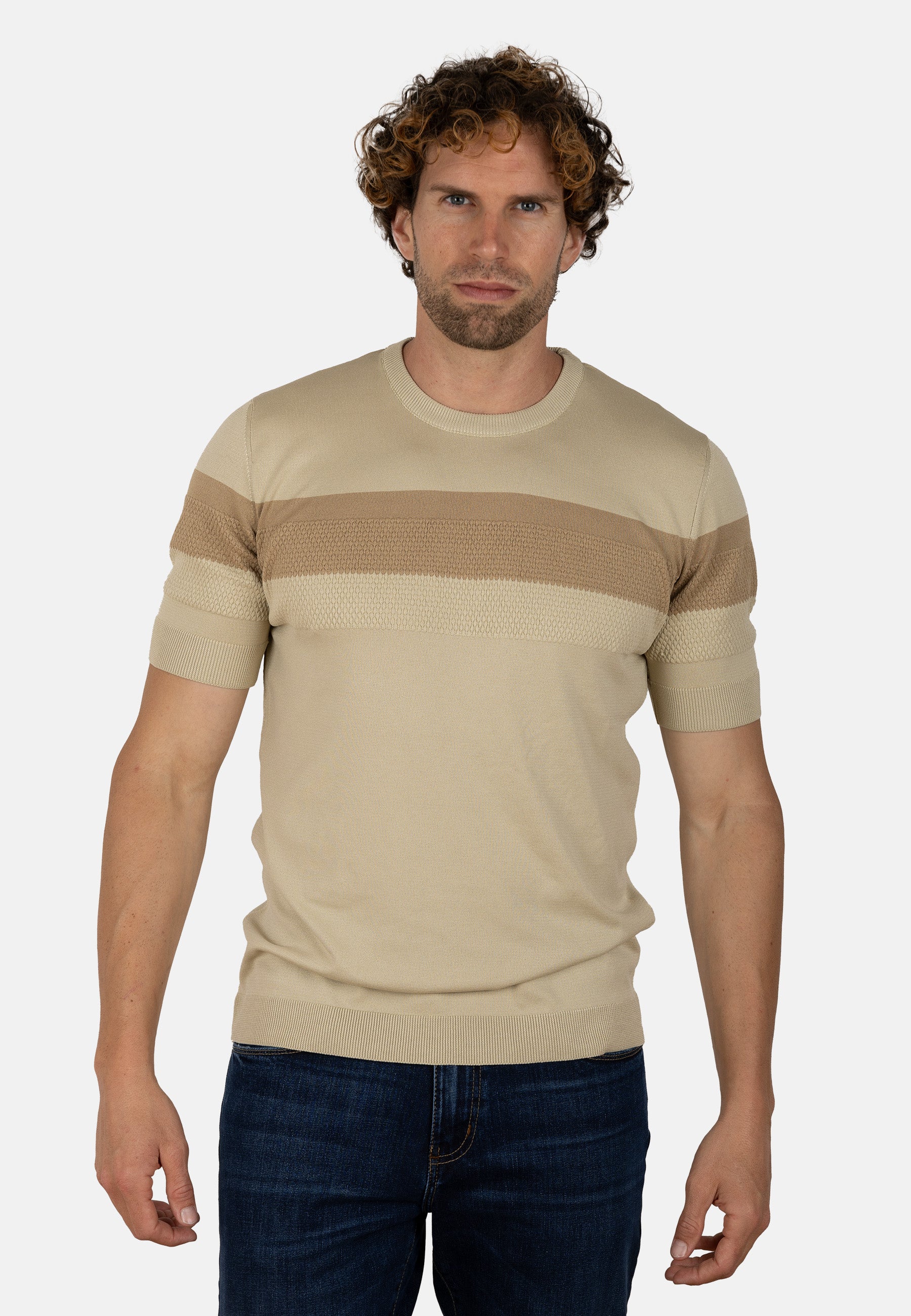 Camiseta slim de punto elástico beige con franja en contraste