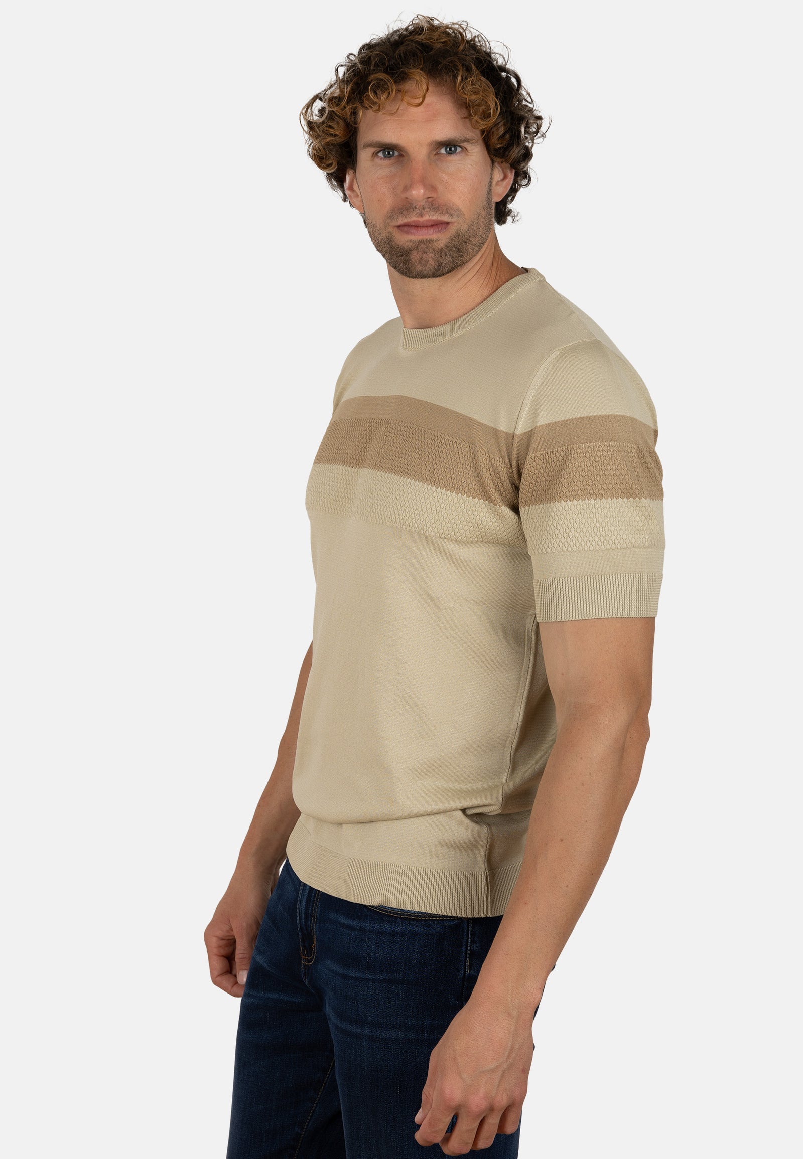 Camiseta slim de punto elástico beige con franja en contraste
