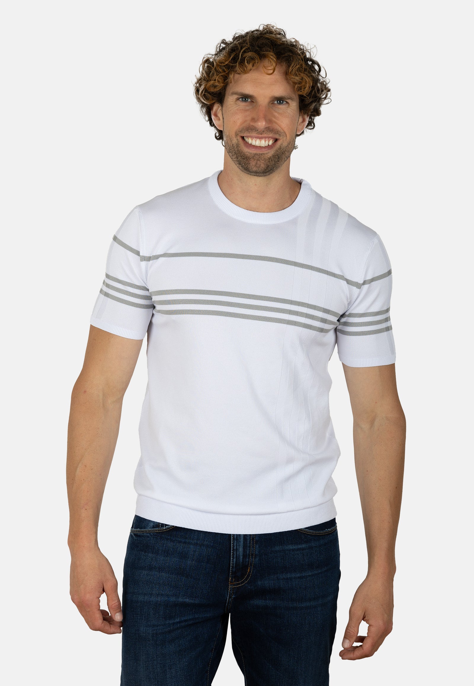 Camiseta de punto slim fit blanca con líneas grises en contraste