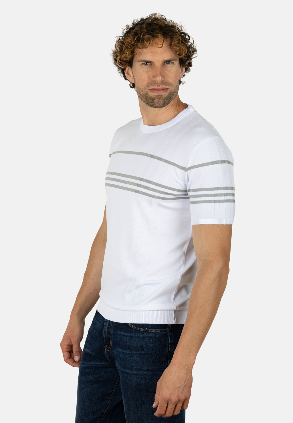 Camiseta de punto slim fit blanca con líneas grises en contraste