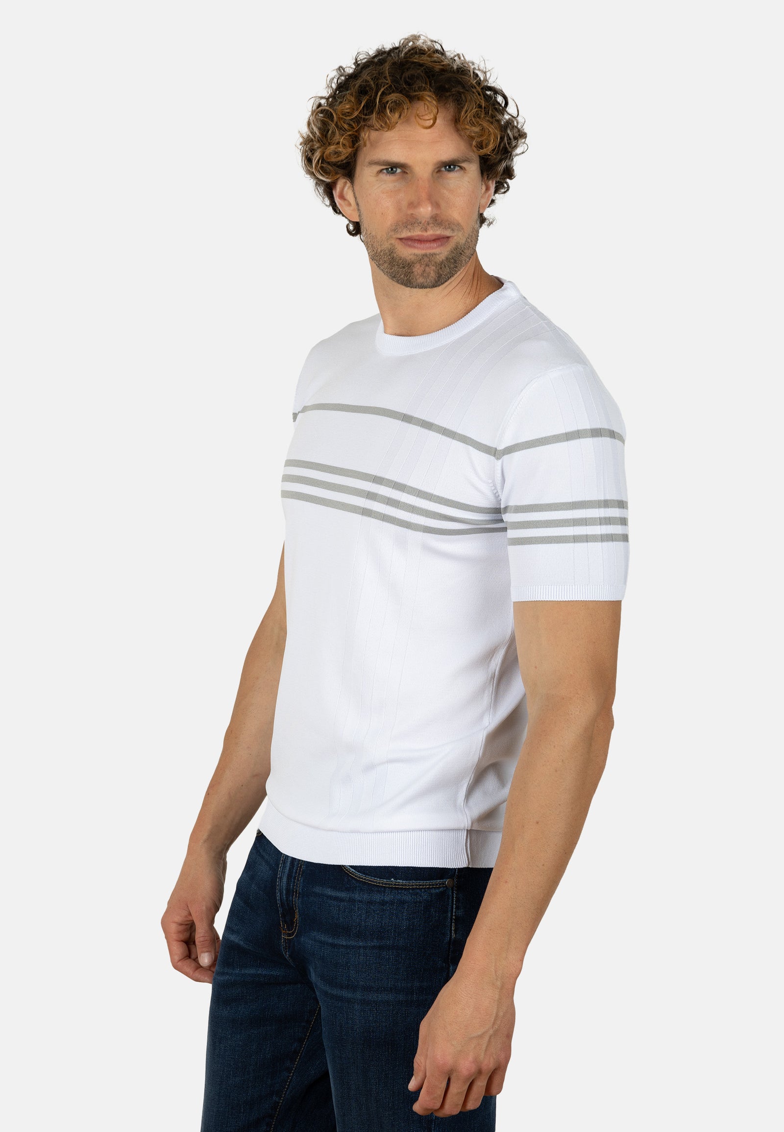 Camiseta de punto slim fit blanca con líneas grises en contraste