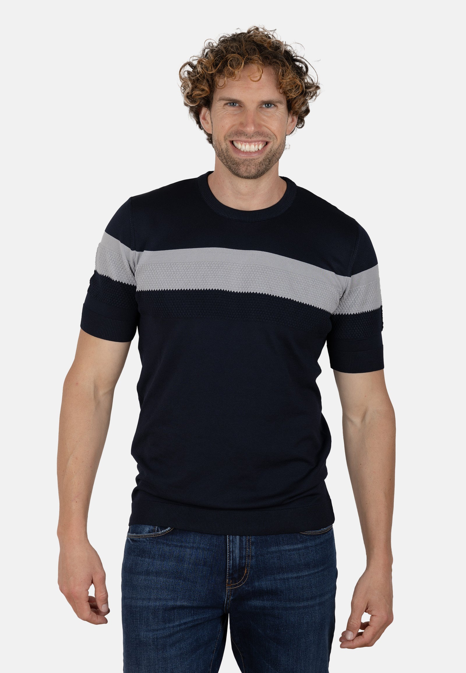 Camiseta slim de punto elástico azul marino con franja en contraste gris claro