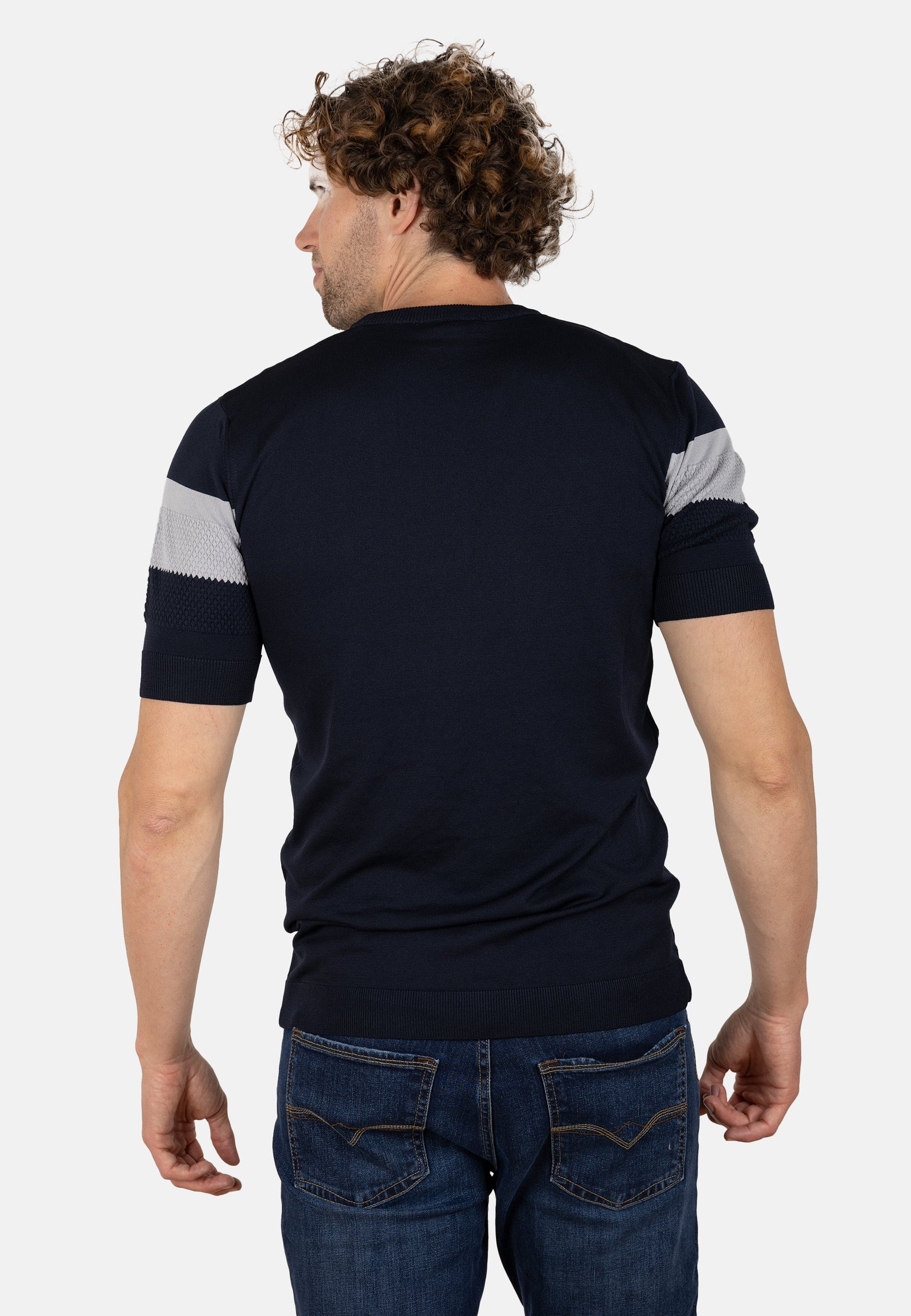 Camiseta slim de punto elástico azul marino con franja en contraste gris claro