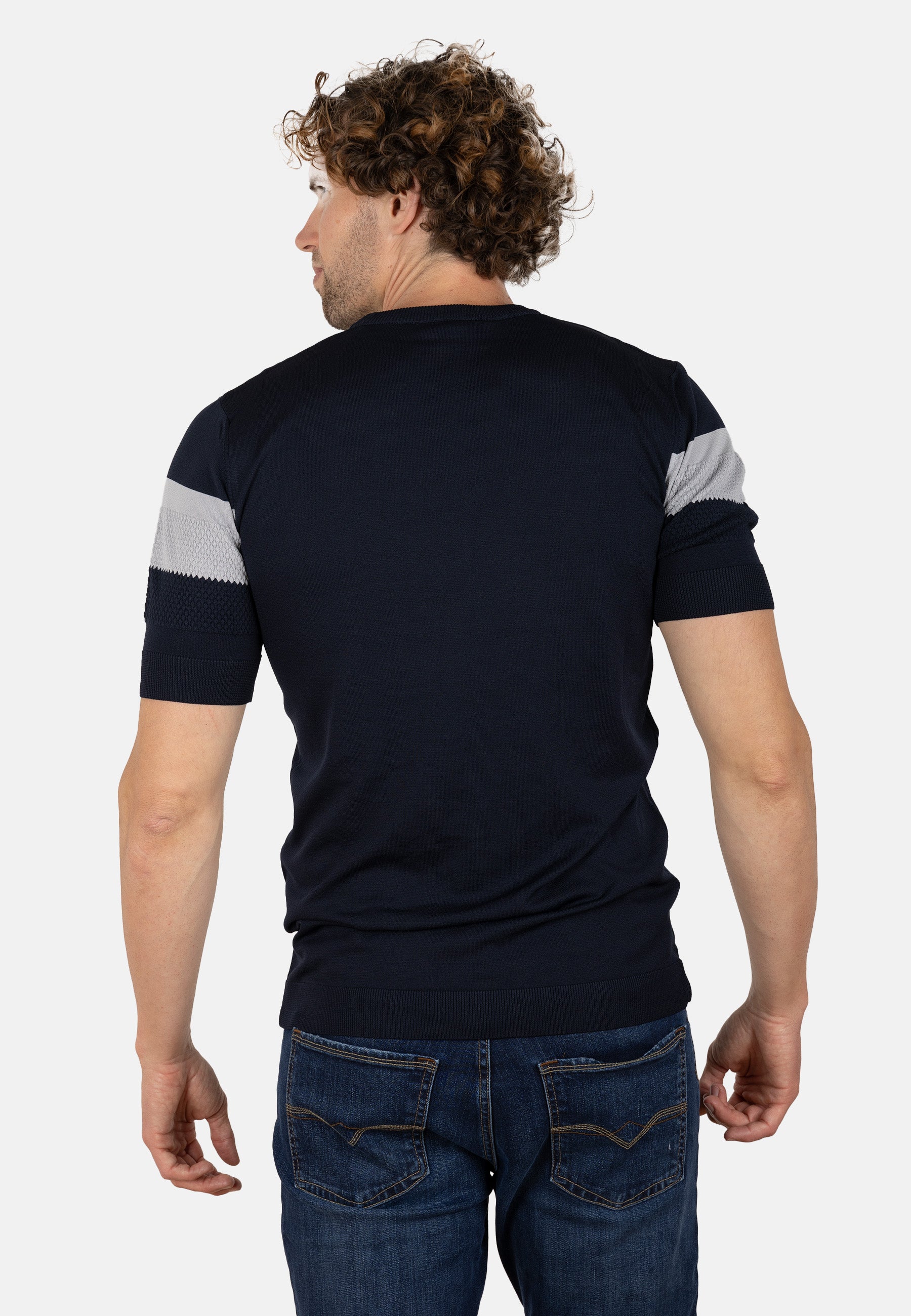 Camiseta slim de punto elástico azul marino con franja en contraste gris claro