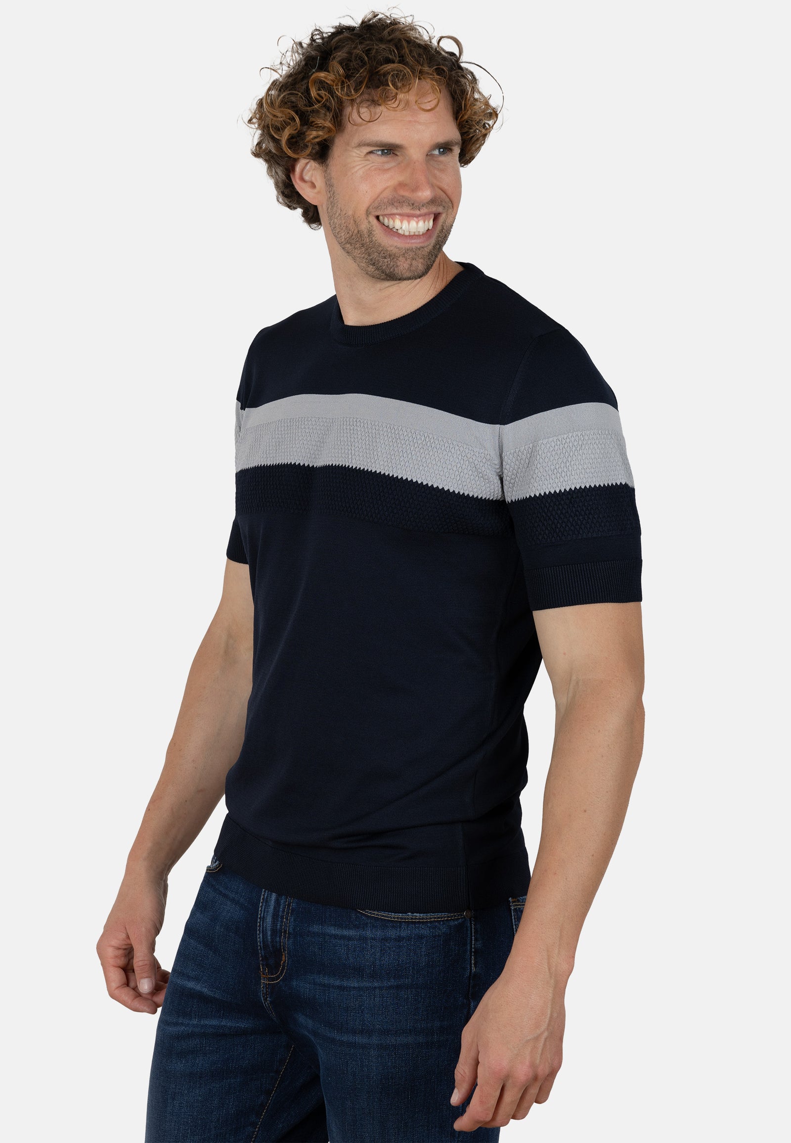 Camiseta slim de punto elástico azul marino con franja en contraste gris claro